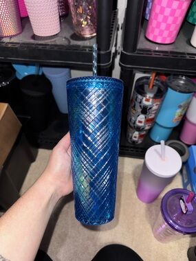 Tall Textured Blue Iridescent Tumbler with Straw